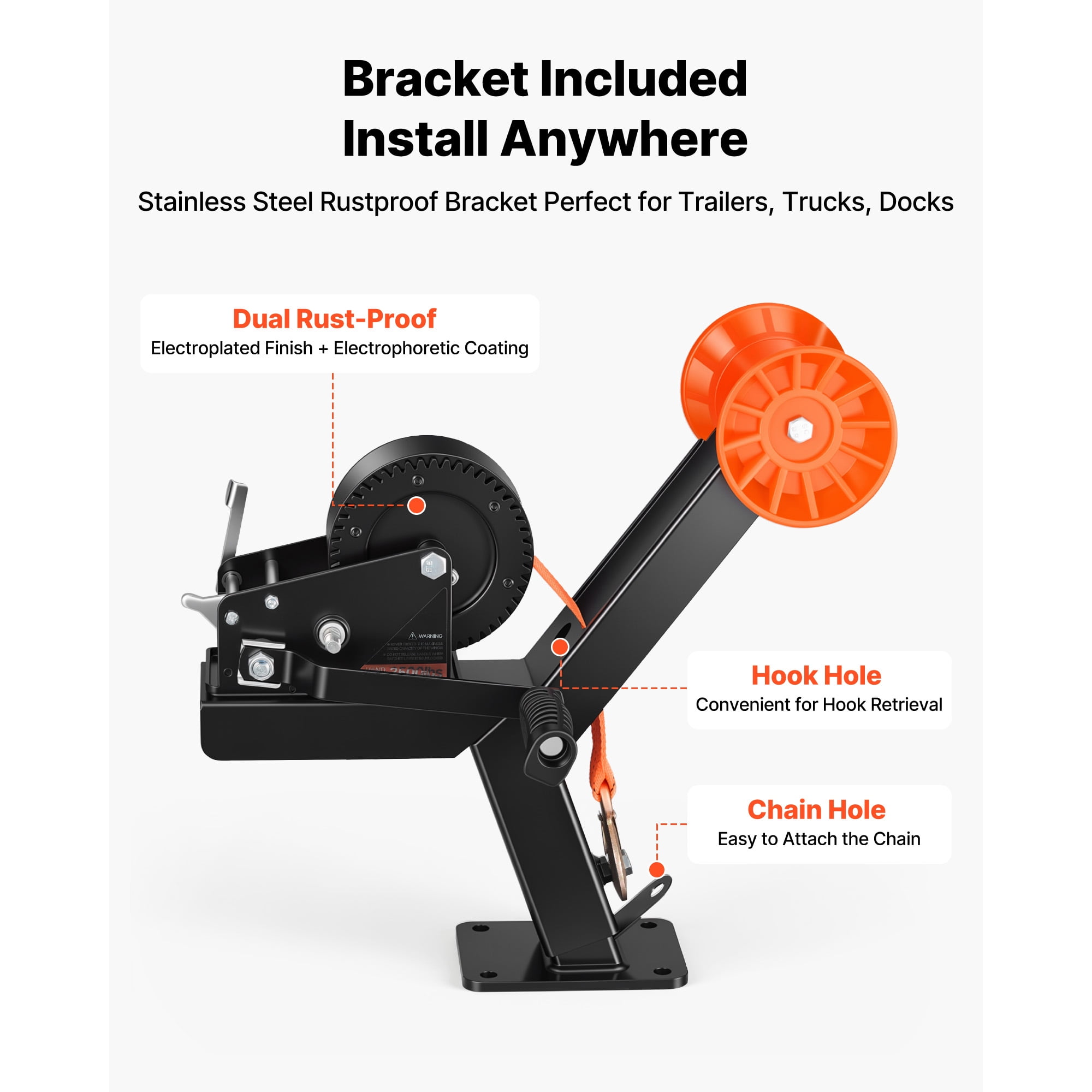 KFFKFF Boat Trailer Winch Stand with Roller, 3500 lbs Capacity, 20ft Durable Orange Polyester Strap, Winch Mount for 2-3 Inches Wide x 3-4 Inches High Trailer Tongue, Suitable for Jet Skis, Sailboats