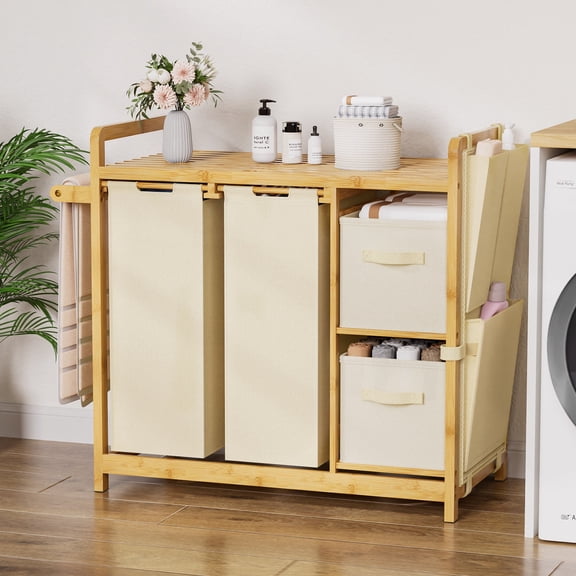 Enogets Bamboo Laundry Hamper, 140L Large Clothes with Removable Bags & Sorter, 4 Section Organizer