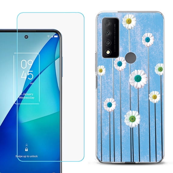 Slim-Fit Gel TPU Phone Case for TCL 4X 5G, with Tempered Glass Screen Protector, by OneToughShield ® - Daisy Sky