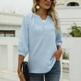 thumbnail image 2 of WBQ Womens Chiffon Blouses 3/4 Sleeve Loose Tops Pompom Henley V Neck Pleated Button Down Tunic Tops Casual Office Work Shirts,Blue S-XXL, 2 of 9