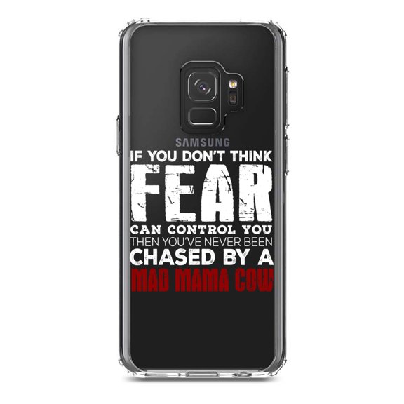DistinctInk Clear Shockproof Hybrid Case for Samsung Galaxy S9 (5.8" Screen) - TPU Bumper Acrylic Back Tempered Glass Screen Protector - Never Been Chased By A Mad Mama Cow