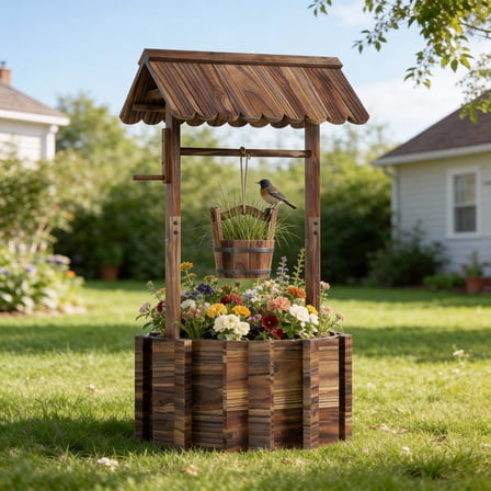 Cloddwell 25" Wooden Wishing Well Planter with Hanging Bucket, Drain Holes, Outdoor Garden Yard Decor Home