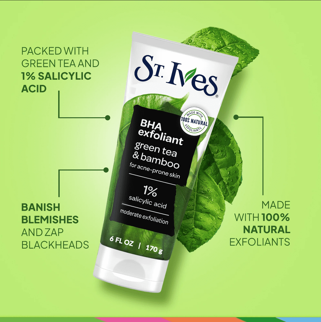 Blackhead Clearing Face Scrub Clears Blackheads & Unclogs Pores Green Tea & Bamboo With Oil-Free Salicylic Acid Acne Medication, Made with 100% Natural Exfoliants 6 oz (3 Pack))