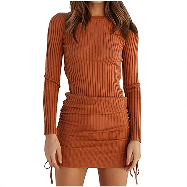 Women's Ribbed Knit Dress Round Neck Drawstring Long Sleeve cocktail