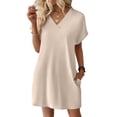 thumbnail image 3 of CHIUNL Summer Dresses for Women, V Neck Short Sleeve T-Shirt Dress with Pockets, Casual Loose Fit Mini Dress, Fashion Clothing for Vacation & Daily Wear (Beige M), 3 of 7