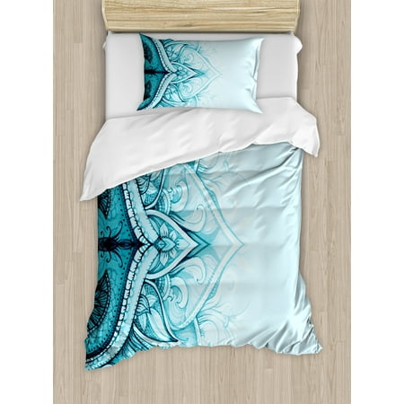Bedding Aqua Mandala Duvet Cover Set, Traditional Ethnic Ornamental Lace Border with Swirled Flower Lines Eastern Folk Artwork, Decorative Bedding Set with Pillow Shams, Aqua, by Ambesonne ()