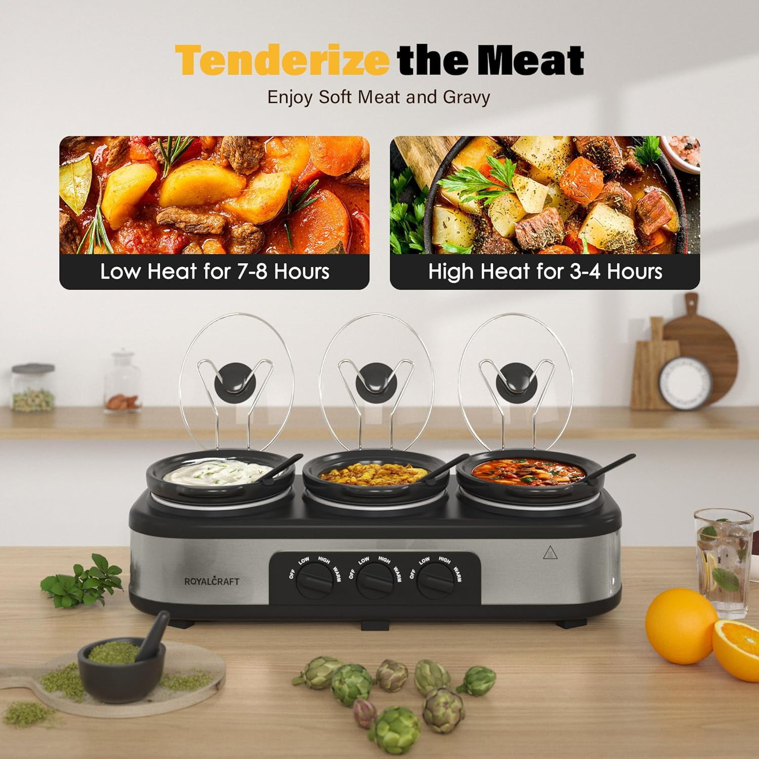 Sunvivi 3-in-1 Crock Pot Slow Cooker, 4.5QT Buffet Server and Food Warmer with 3 Removable Ceramic Pots, Crockpot with 3 Spoons and Lid Rests for Parties, Picnics, Silver
