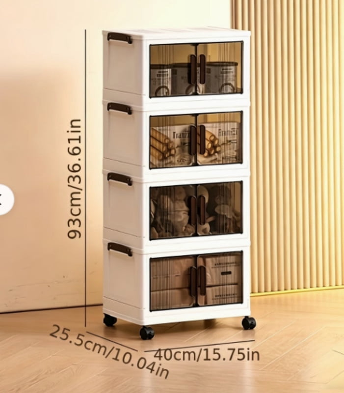 Stackable Storage Bins with Lids, 4-Tier Collapsible Plastic Storage Cabinet on Wheels, Foldable Closet Organizer for Blankets Bedroom Dorm