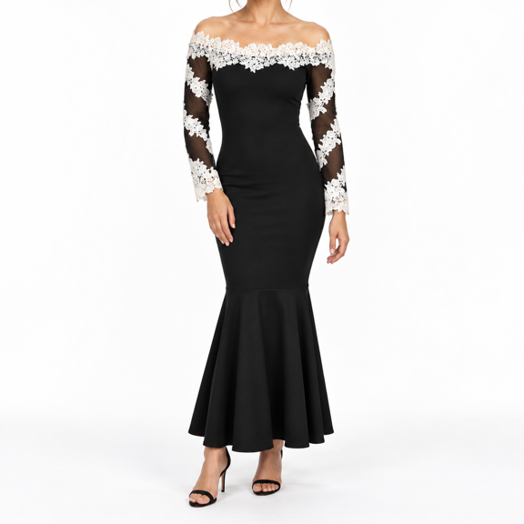 Women's Black Lace Appliqued Off Shoulder Mermaid Evening Gown Twisted Front Long Sheer Sleeve Dress with Train