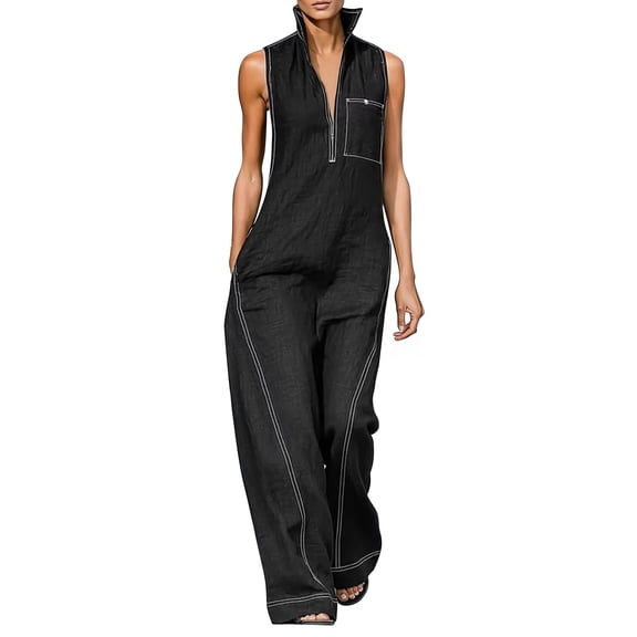 Chuancc Womens Summer Jumpsuits Dressy Casual One Piece Outfits Sleeveless V Neck Wide Leg Pants Rompers with Pockets Black L