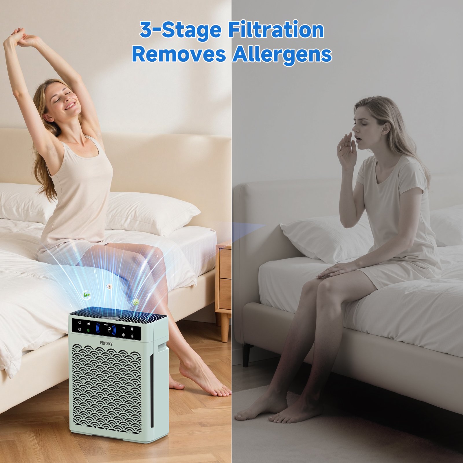 PRASKY Air Purifier for Home up to 2250 Sq Ft Coverage, True HEPA Filter for Pets, Smoke & Allergies | Quiet & Portable for Bedroom/Living Room (Green)