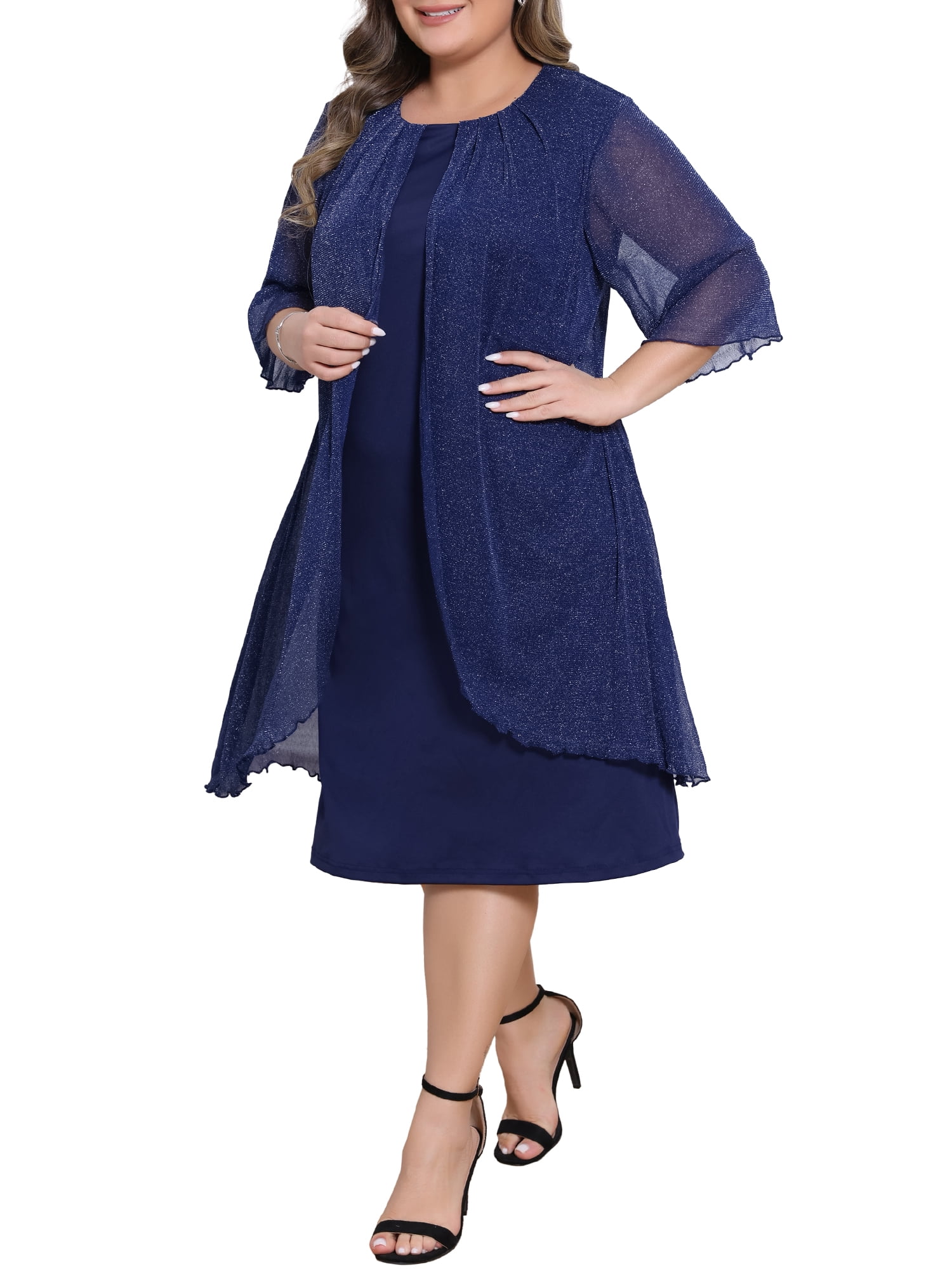 DARING DIVA Women's Plus Sequin Mesh Cape Cocktail Dress 1X Navy Blue