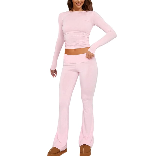 Conjunto de 2 piezas para mujer: top corto de manga larga y pantalones acampanados de talle bajo, chándal de yoga, tejido de poliéster, estilo informal para todas las estaciones