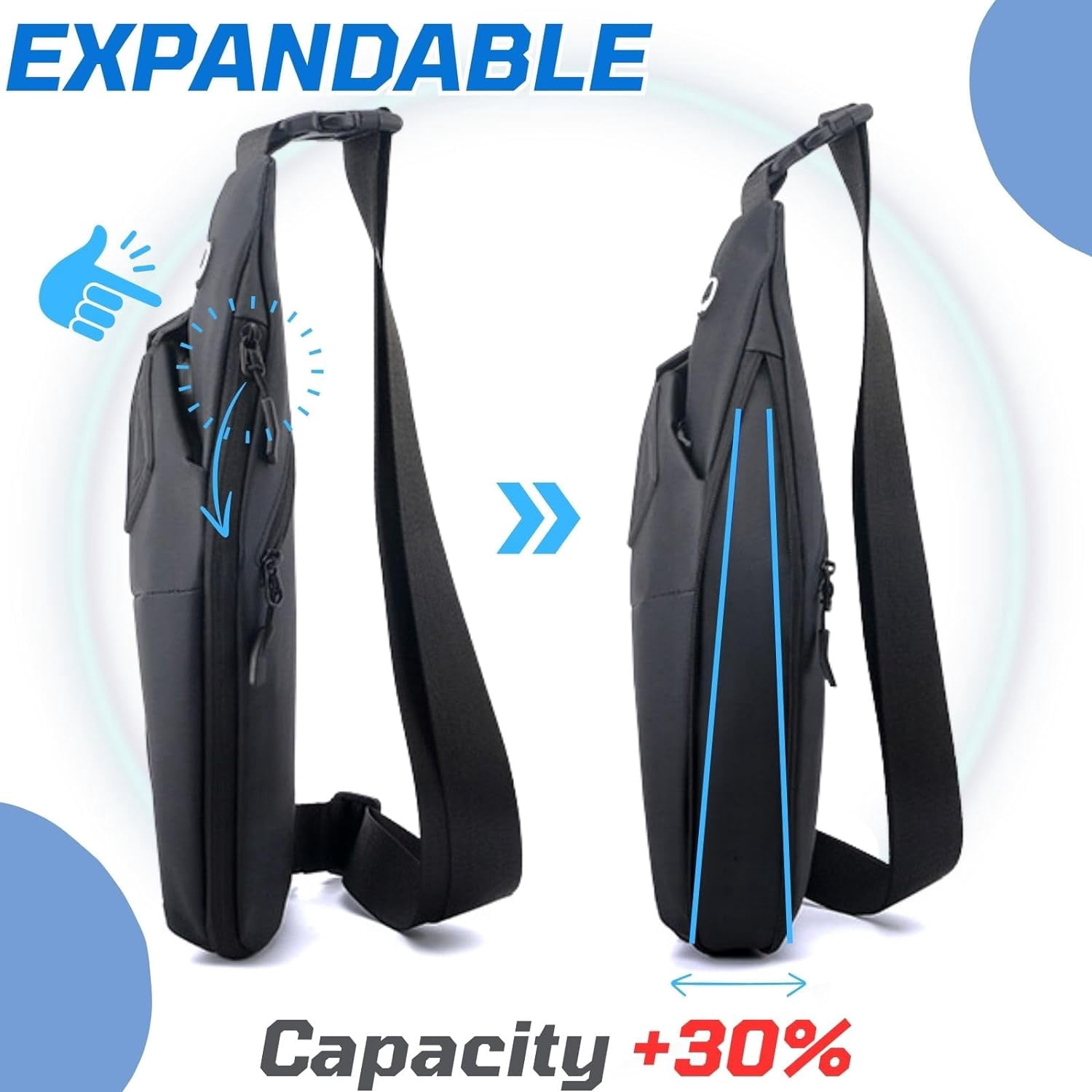 Anti-Theft Travel Sling Bag for Men and Women Expandable Waterproof Crossbody Bag Chest Shoulder Backpack (Black - Left shoulder)