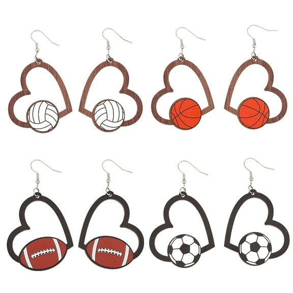 1box 4 Pairs 4 styles Sport Theme Wood Heart Dangle Earrings for Women 304 Stainless Steel Earrings Basketball & Football & Volleyball Mixed color 74.5~76x44mm 1 Pair/style