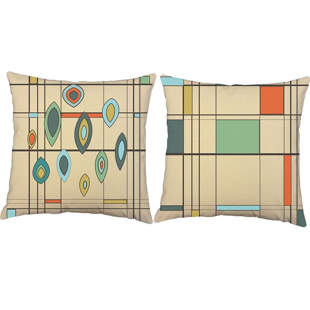 Set of 2 Retro Geometric Grid Throw Pillow Covers 14x14 Square Natural
