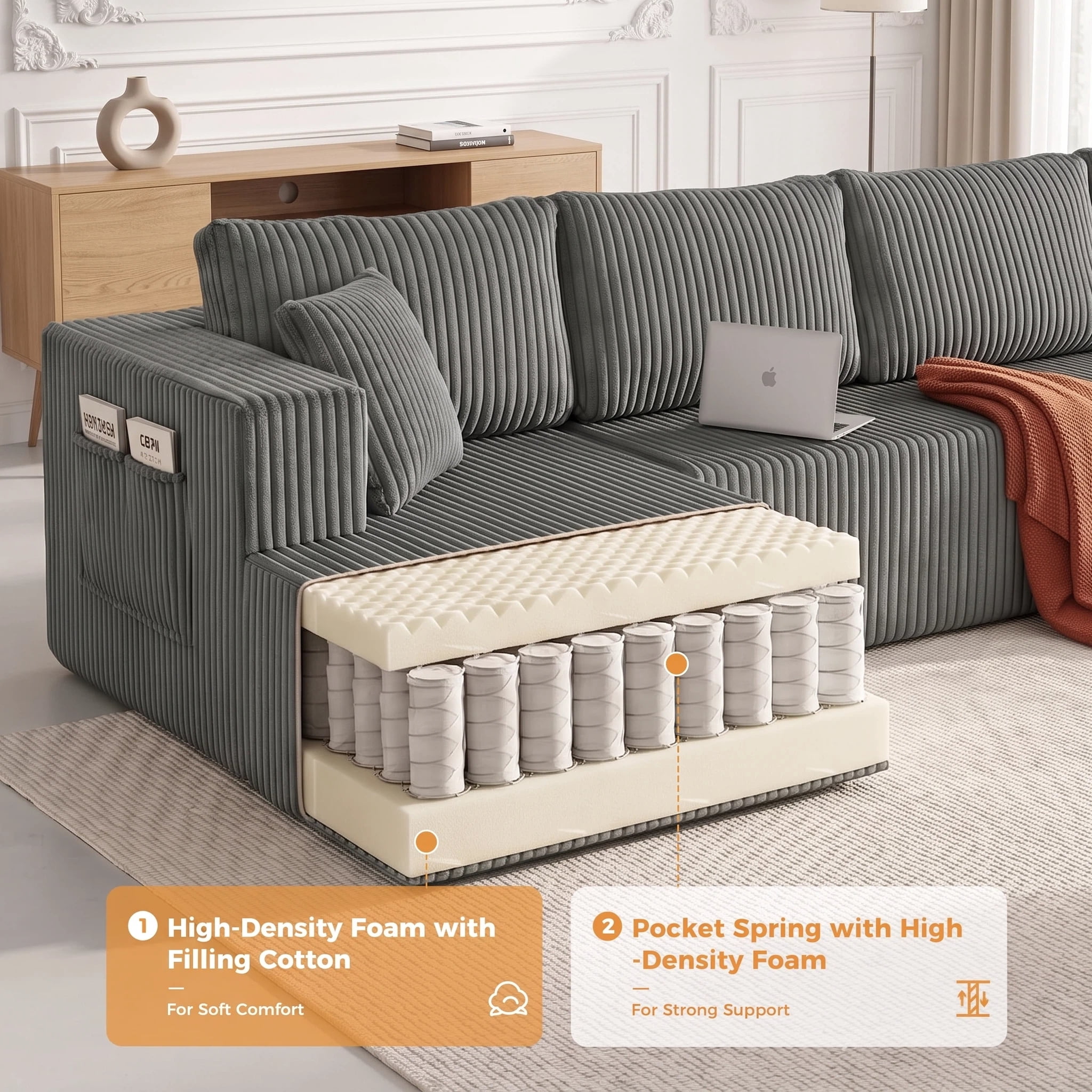 AISWORD 132" U Shaped Modular Sectional Sofa, Comfy Cloud Boneless Sofa with Chaise and Side Pockets, Memory Foam Sleeper Sofa for Living Room, Gray