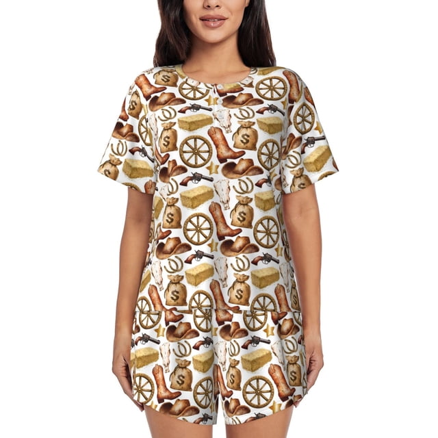 Xecao Western Cowboy Pattern Women's Short Sleeve Pajama Set Soft Sleepwear Lounge Set with Button Front Top and Drawstring Shorts with Pockets-3X-Large