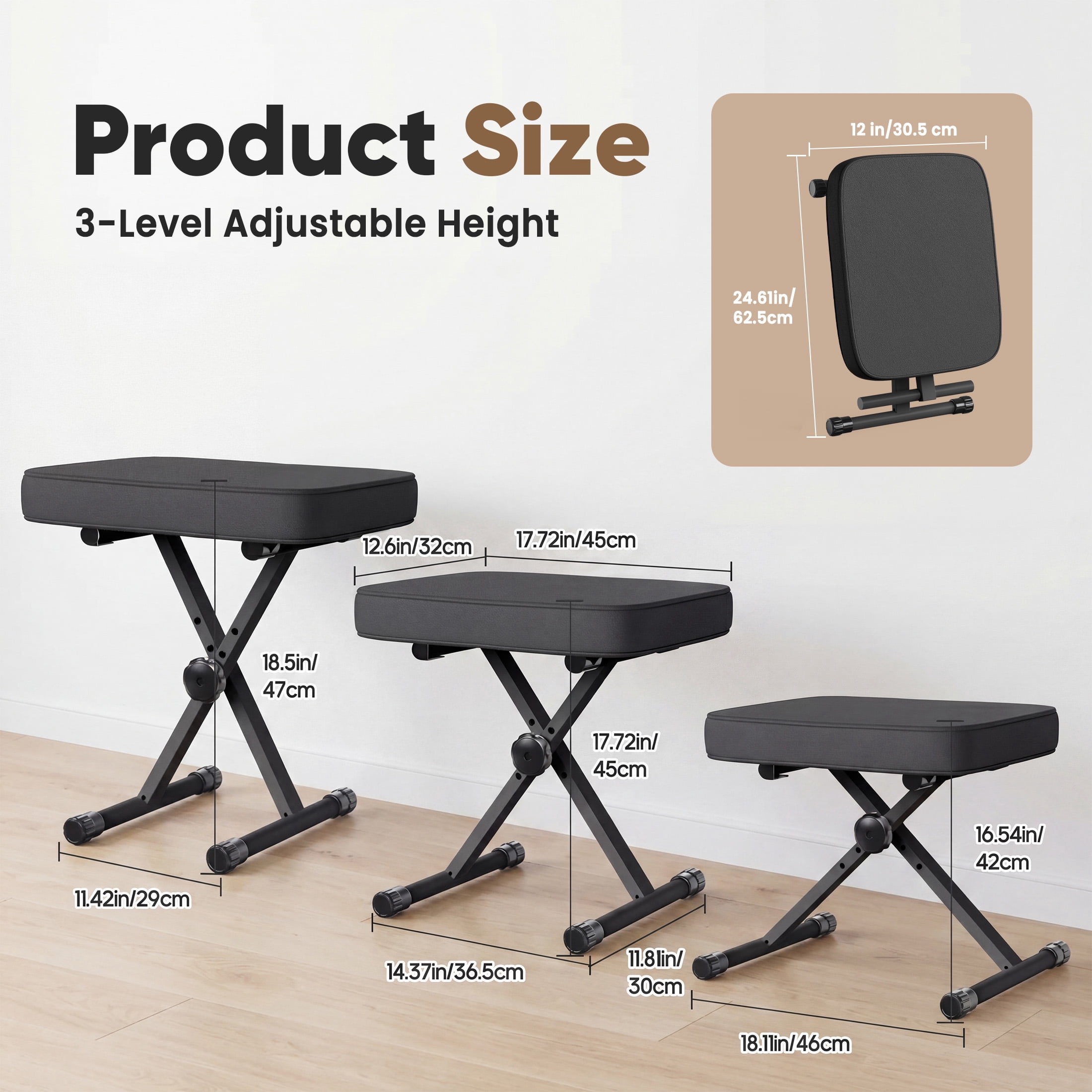 EDX Adjustable Height Piano Bench/Music Performance Stool - 3-Level Height Adjustment, Non-Skid Design,High-Density Sponge Padded, Portable & Foldable X-Style Seat, 250LBS Weight Capacity,Black
