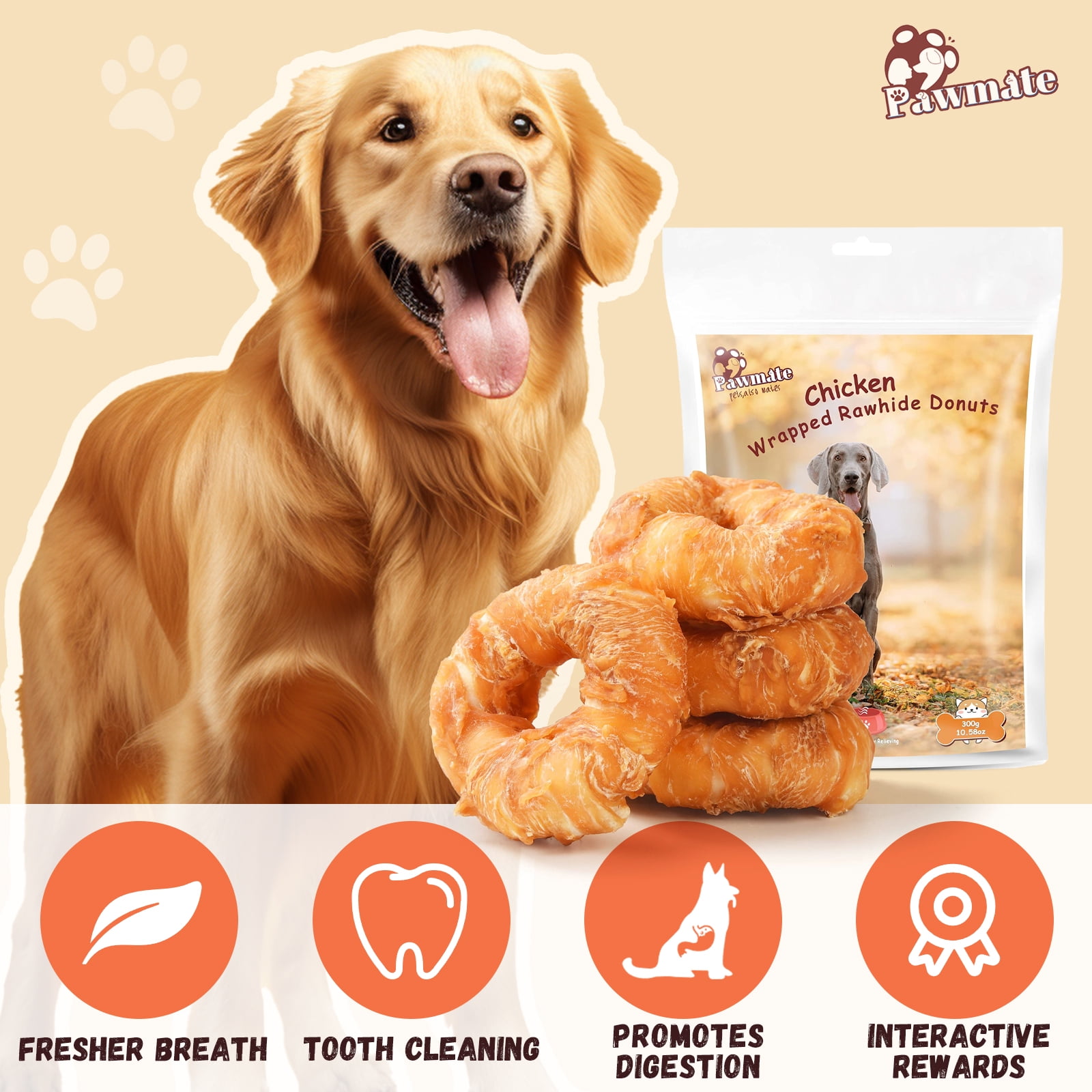 (2 pack) Pawmate Rawhide Dog Treats, Chicken Wrapped Rawhide Donuts, Long Lasting Chews for Medium Large Dogs, 4 Count