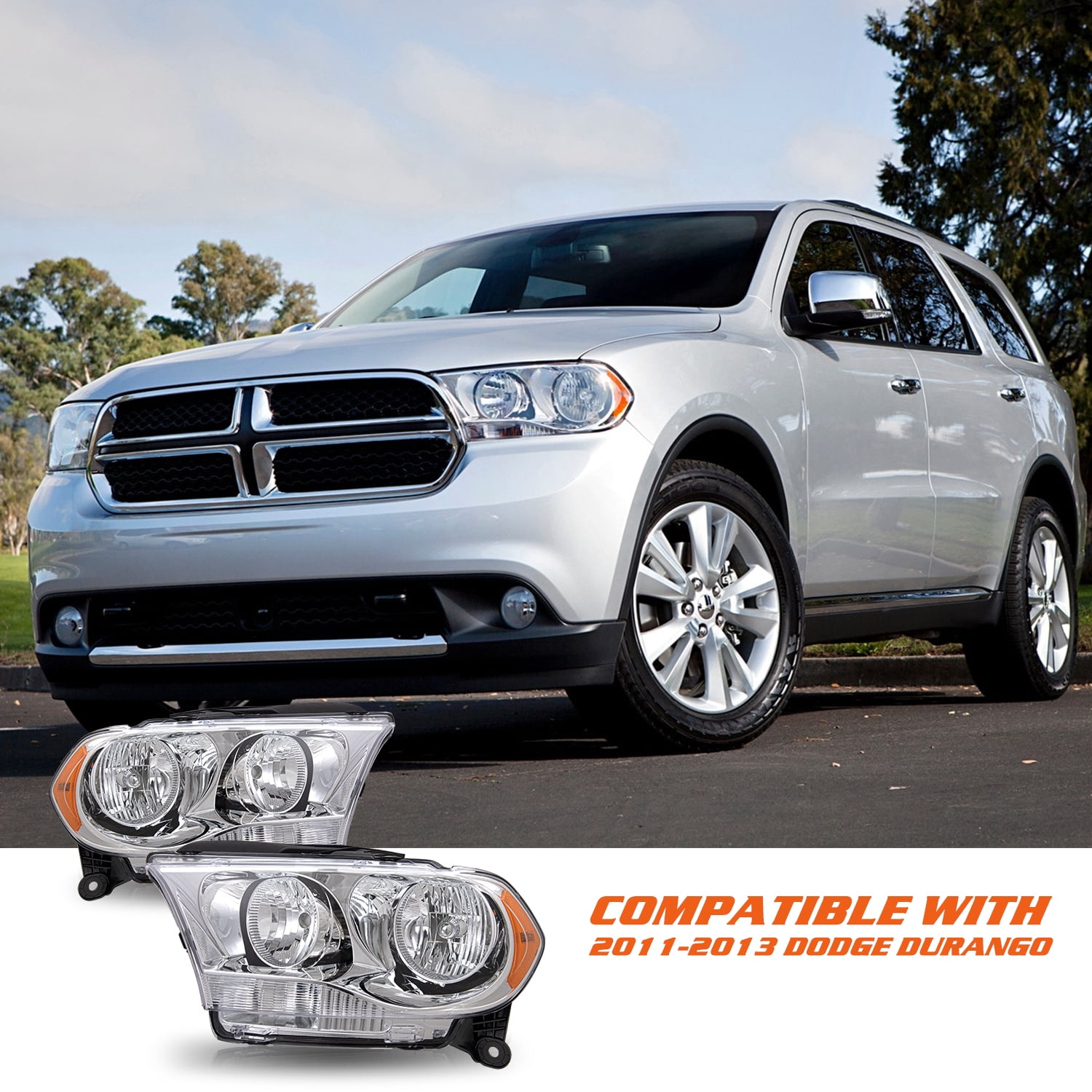 Headlight For 2011-2013 Dodge Durango Left&Right Side Chrome Headlamp Halogen