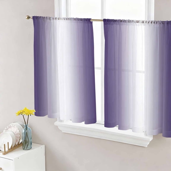 Sheer Curtains 54 Inch Length 2 Panels Set for Kitchen, Purple White Ombre Semi Sheer Curtains for Windows, Retro Rustic Minimalist Abstract Art Voile Window Treatments Rod Pocket Curtain