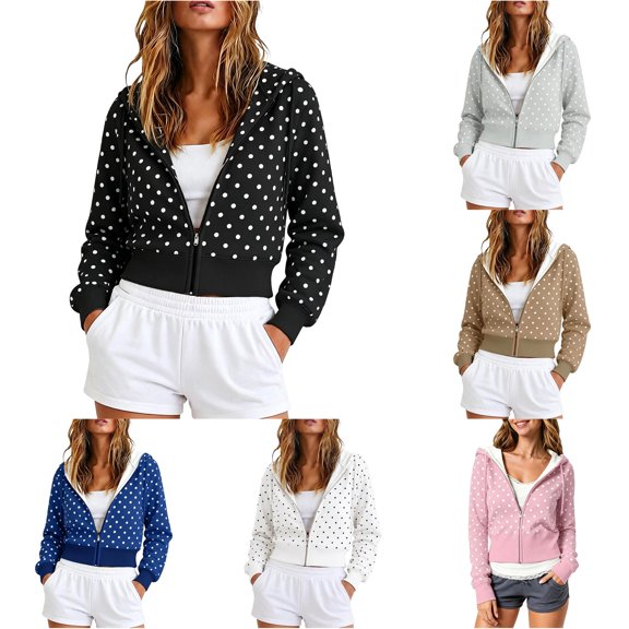 Women's Retro Cute Polka Dot Hooded Jacket with Zipper Short Sweatshirt Top