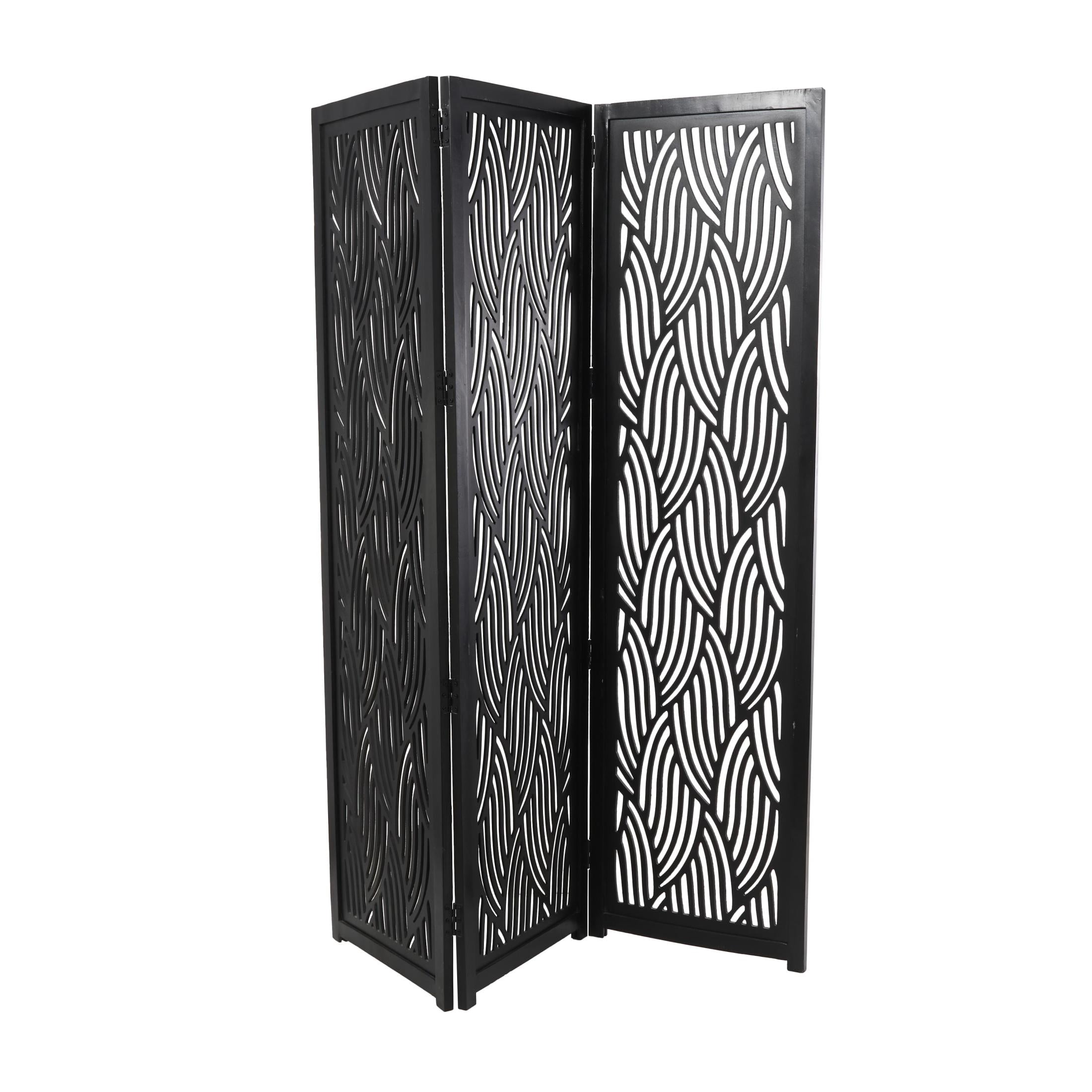 DecMode 60" x 72" Black Mango Wood Abstract Wavy Cutout 3 Panel Room Divider Screen, 1-Piece