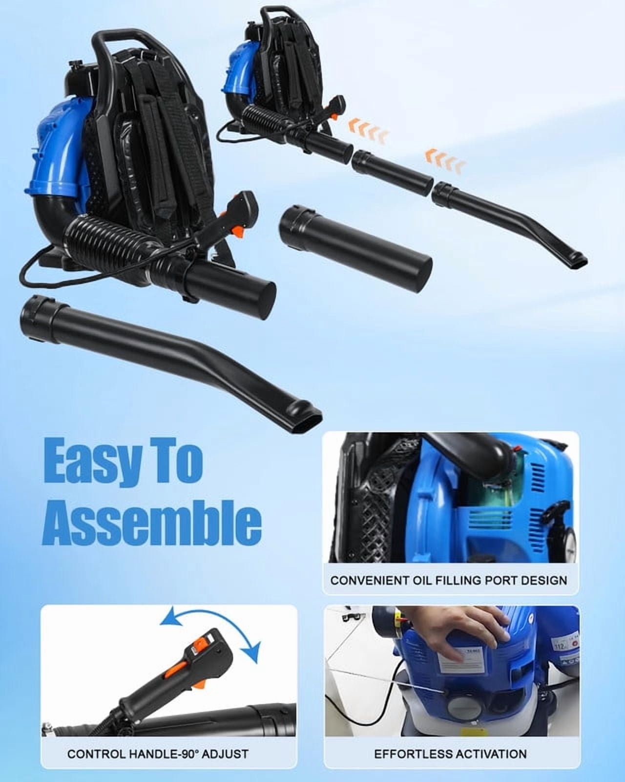 YNCE Backpack Leaf Blower Gas Powered - 75.6CC 900 CFM 2 Cycle Backpack Gas Powered Leaf Blower, Grass Lawn Blower Air Cooling Gasoline Backpack Grass Blower, Backpack Snow Blower for Garden (Blue)
