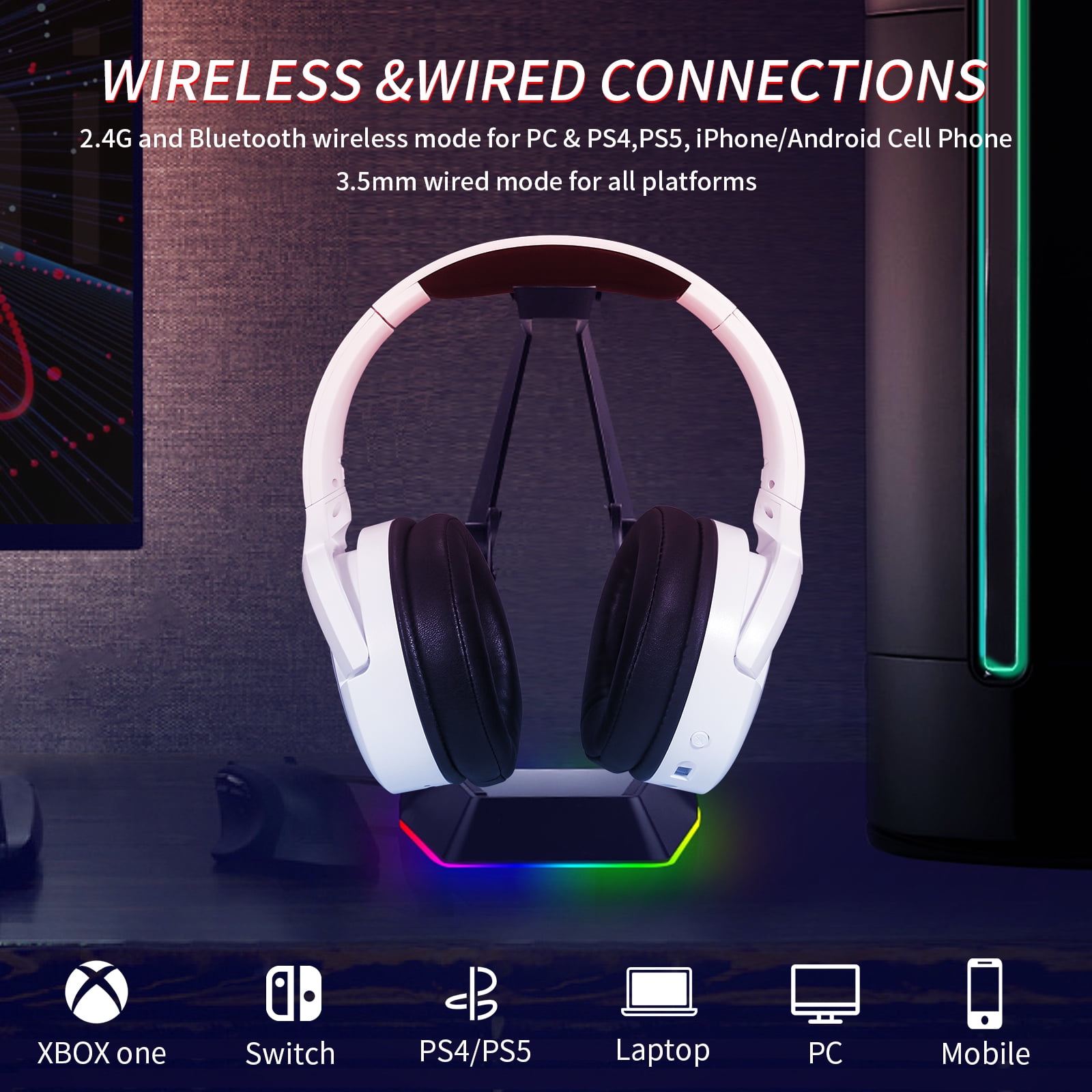 HUO JI 2.4G/Bluetooth Wireless Gaming Headset with Noise Cancelling Microphone, RGB Light, USB-C/USB-A/3.5mm Wired, Stereo Sound, Adjust Headband, Portable Foldable for PC,PS5, PS4, Xbox Series, White