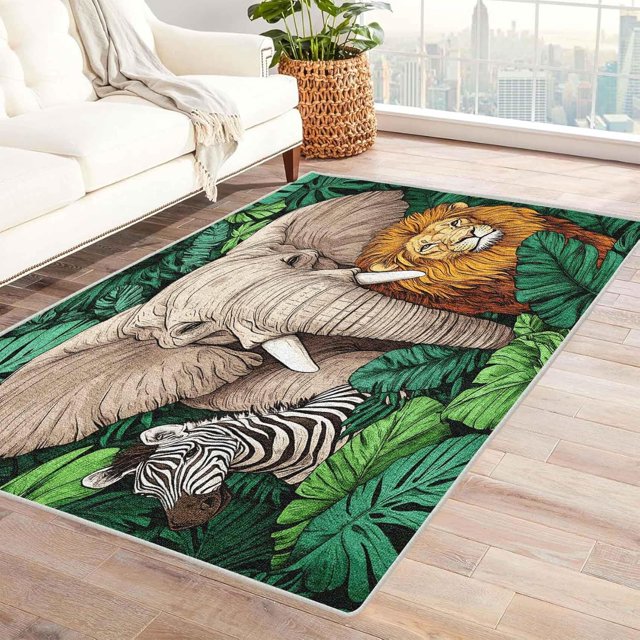 8x10 Elephant Lion Area Rugs for Living Room 8'x10' Rugs, Tropical Monstera Leaf Rugs for Bedroom, Jungle Animals Carpet Non Slip Washable Rug Soft Low Pile Home Decor Indoor Large Rug