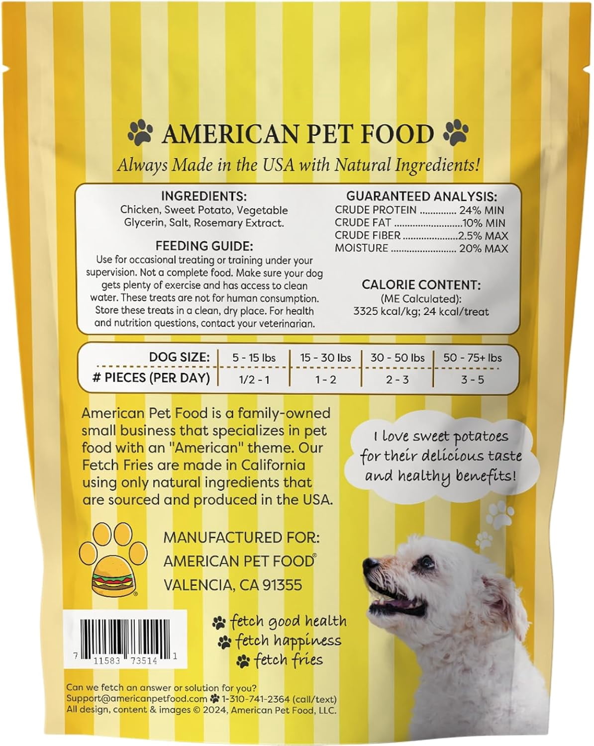 Fetch Fries Dog Treats - Chicken & Sweet Potato Recipe, Made in USA, Grain Free, Soft and Chewy (16 oz)