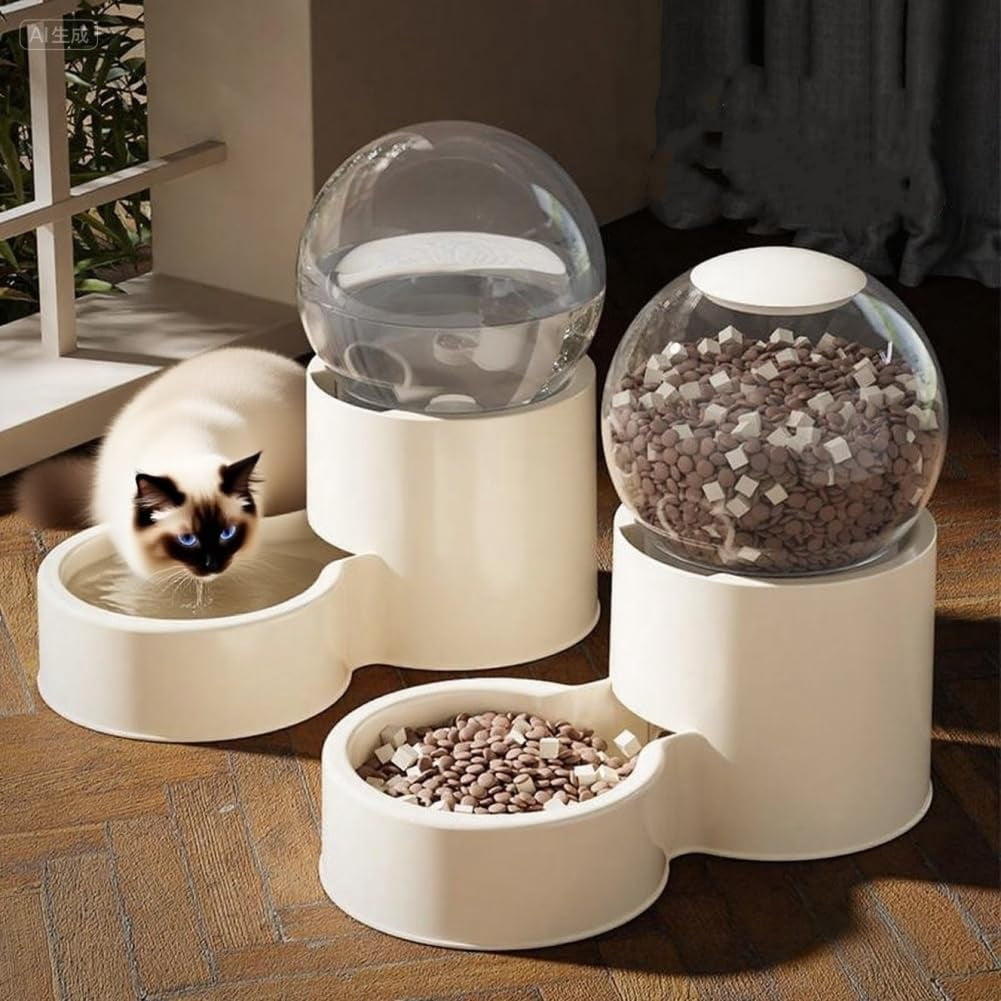 Gravity Pet Food Feeder & Water Dispenser Set, Automatic Self-Dispensing Pet Feeder Bowl, 2-Pack for Cats, Small Dogs, Puppies and Kittens (Beige A)