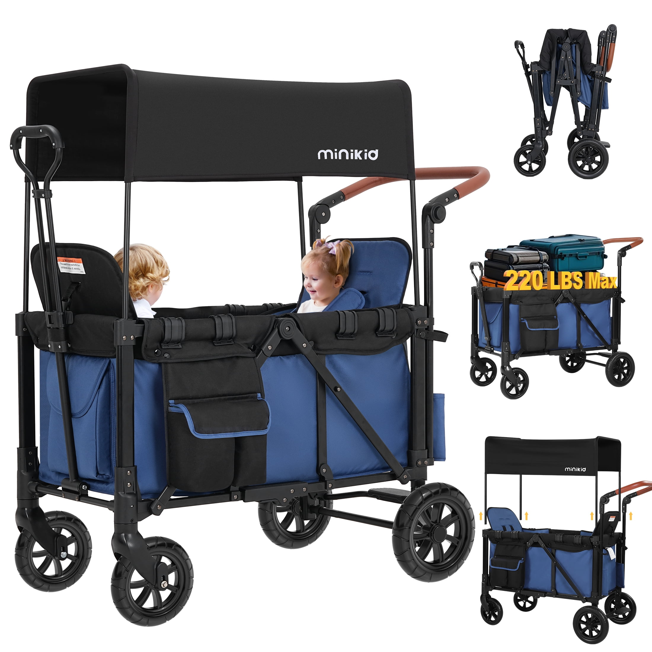 Minikid Baby Wagon Stroller for 2 Kids, Toddler Stroller with Canopy, 5-Point Harness, Adjustable Handlebars, Removable Seat, Blue