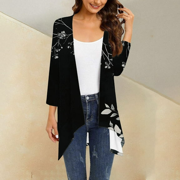 Pyhlmscde Women's Floral Print Puff Sleeve Kimono Cardigan Loose Cover Up Casual Blouse Tops, Womens Cotton Summer Tops, Womens Dressy Casual Tops, Lightweight Tops for Women Summer