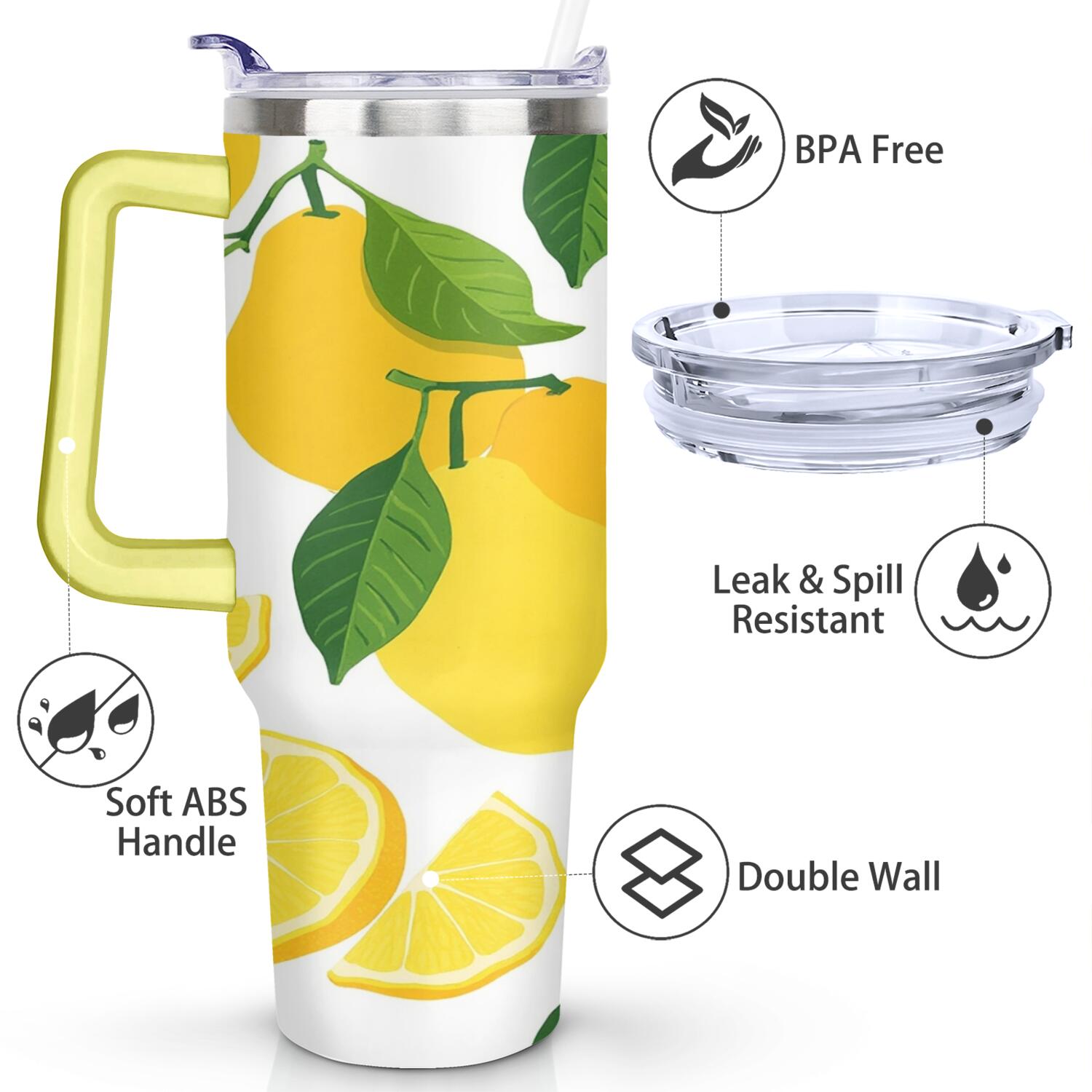 40 oz Lemon Tumbler with Handle Vacuum Insulated Travel Mug Gift for Women Men