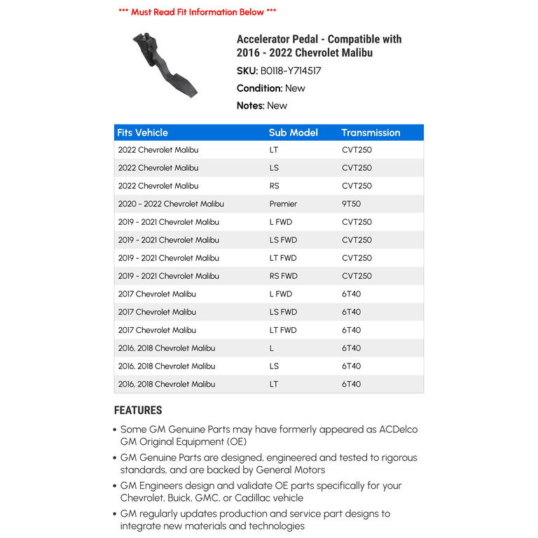 ACDelco Accelerator Pedal, Compatible with 2016-2022 Chevy