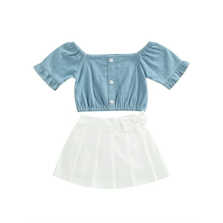 

Nokpsedcb 2Pcs Little Girls Casual Outfits Summer Off Shoulder Lace Short Sleeve Tops + Bow Pleated Half Skirt Blue 5-6 Years