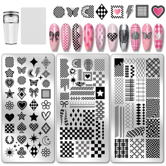 3pcs Plaid Nail Stamping Plates Checkerboard Nails Art Stencils Tartan Nail Art Templates Hart Star Image Plates for Women Manicures Salon Design