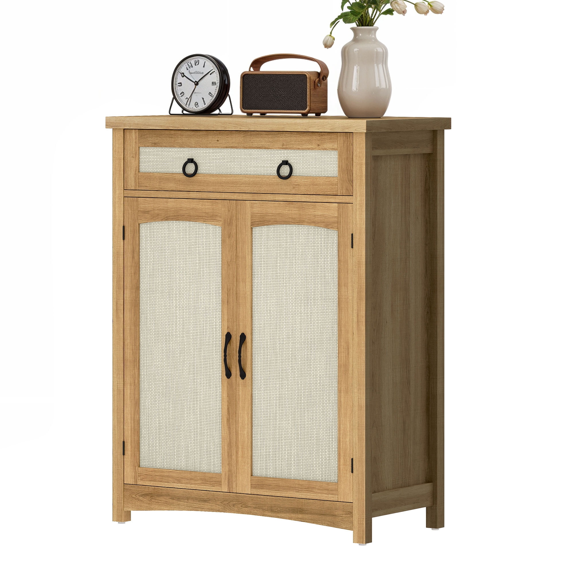 Uforic Shoe Cabinet with Drawers& Door, Rattan Freestanding Shoe Rack Organizer for Entryway, Oak