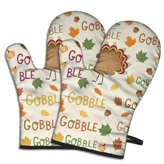 Cute Oven Mitts,Happy Thanksgiving Turkey Fall Leaves Oven Mitt 2-Pack Set,Kitchen Gloves for Oven,Heat Resistant Oven Mitts 7.7"x12"