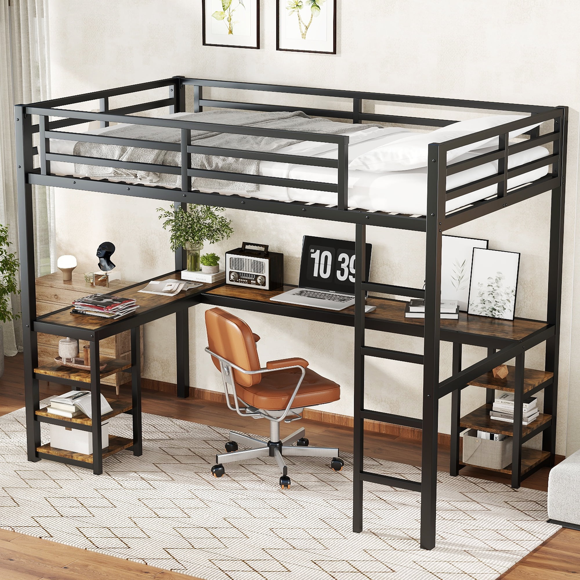 Mintazer Twin XL Loft Bed with Desk & 6 Shelves, Metal Bed Frame with Ladder and Guardrails for Kids Teens Bedroom Playhouse, Black