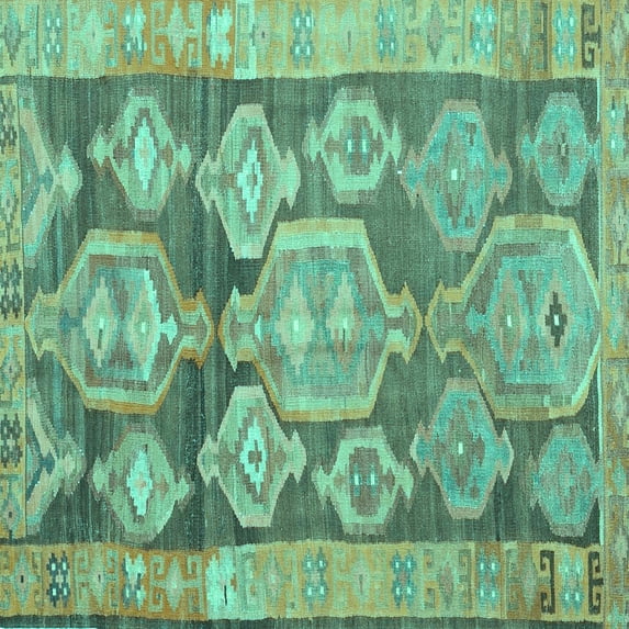 Ahgly Company Machine Washable Indoor Square Oriental Turquoise Blue Traditional Area Rugs, 7' Square