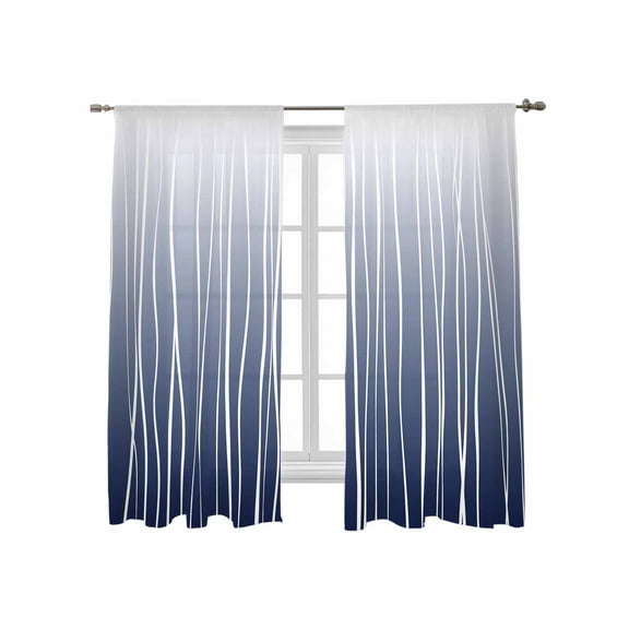 Navy Blue Wave Lines Sheer Curtains 63 Inch Long 2 Panels, Gradient Minimalist Abstract Texture Light Filtering Rod Pocket Semi Sheer Curtains, Sheer Voile Drapes for Living Room Bedroom, 52"x63"
