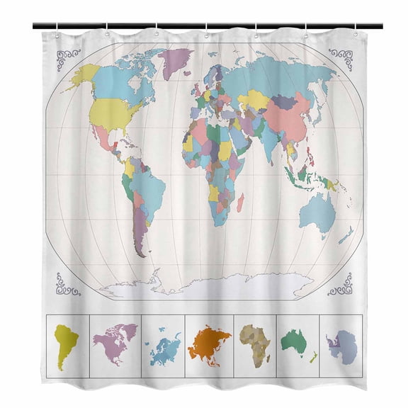World Map Shower Curtain 66x72in Fabric Shower Curtains with 12 Plastic Hooks for Home Decor Wall Map Bathroom Curtain