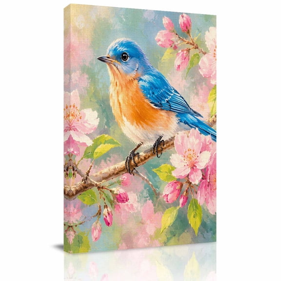Canvas Wall Art, Blue Bird Framed Canvas Prints for Hallway Living Room, Pink Cherry Blossom Branch Pastoral Plants Extra Large Gallery Wrapped Wall Decor for Home Office, Gifts, 20"x30"