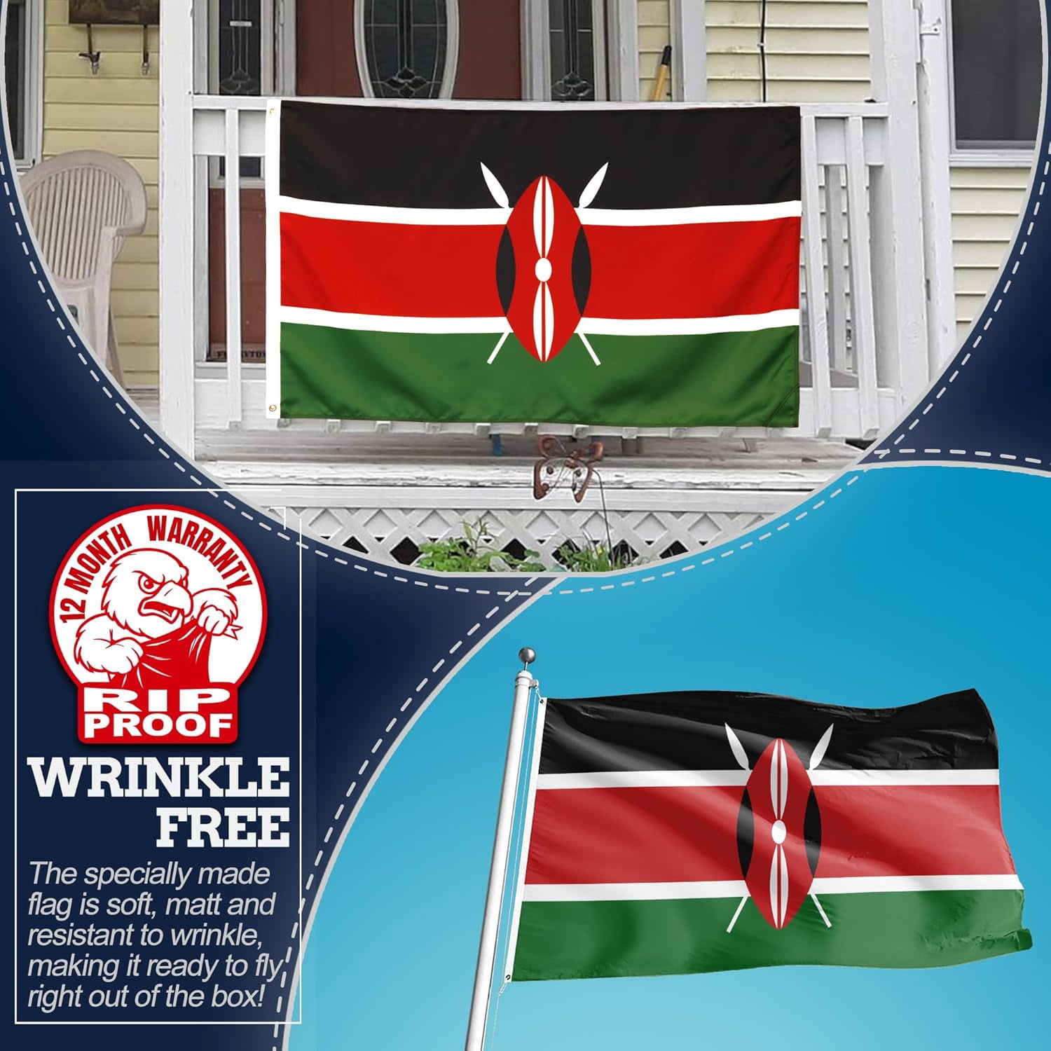 Anley Rip-Proof Double Sided 3-Ply Kenya Flag 3x5 Foot - Republic of Kenya Flags