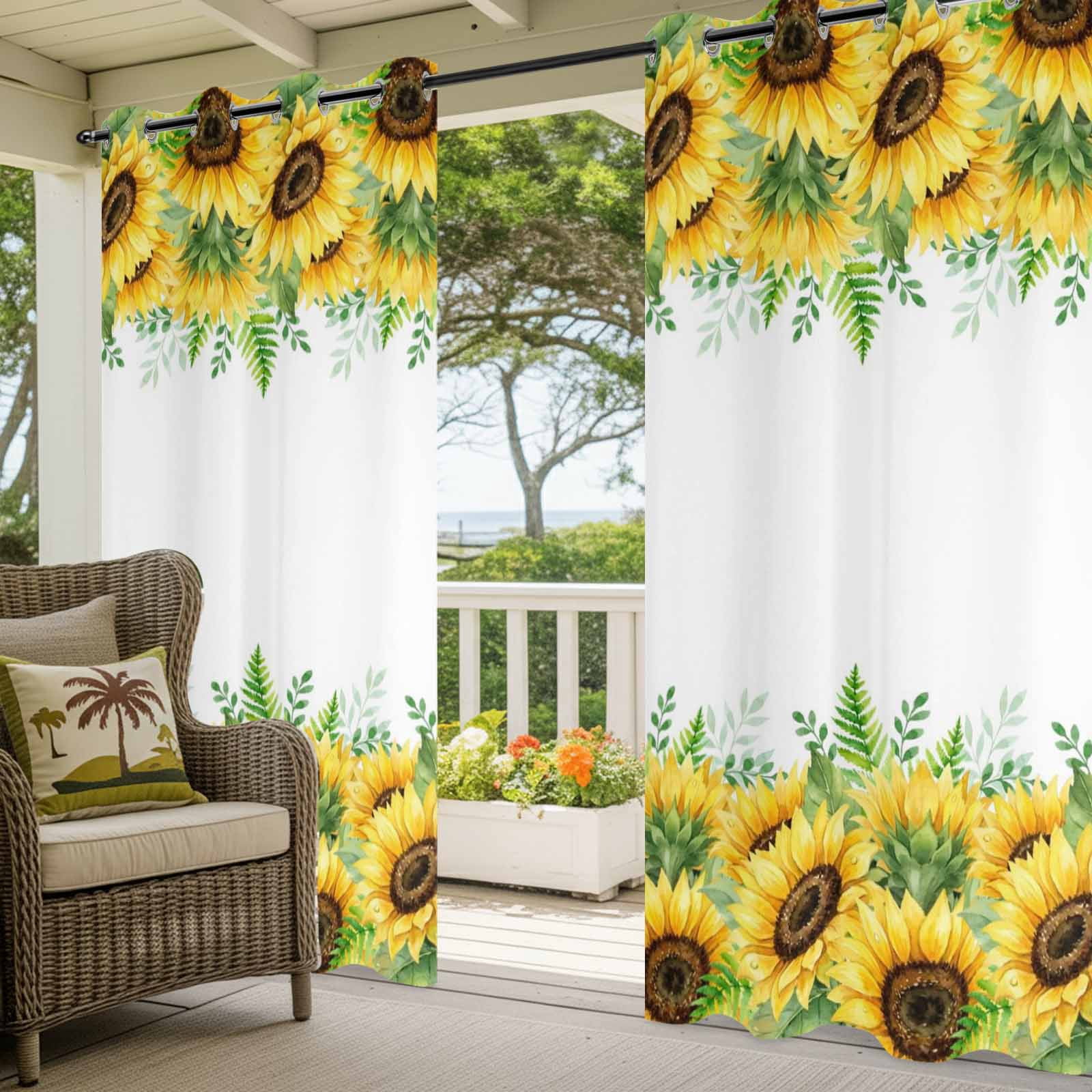 Summer Sunflower Outdoor Curtains 1 Panel Country Vintage Farm Yellow Flower Green Leaf Waterproof Weatherproof Privacy Curtain Thermal Outside Drape for Porch Pergola Patio 54 x 108 Inch