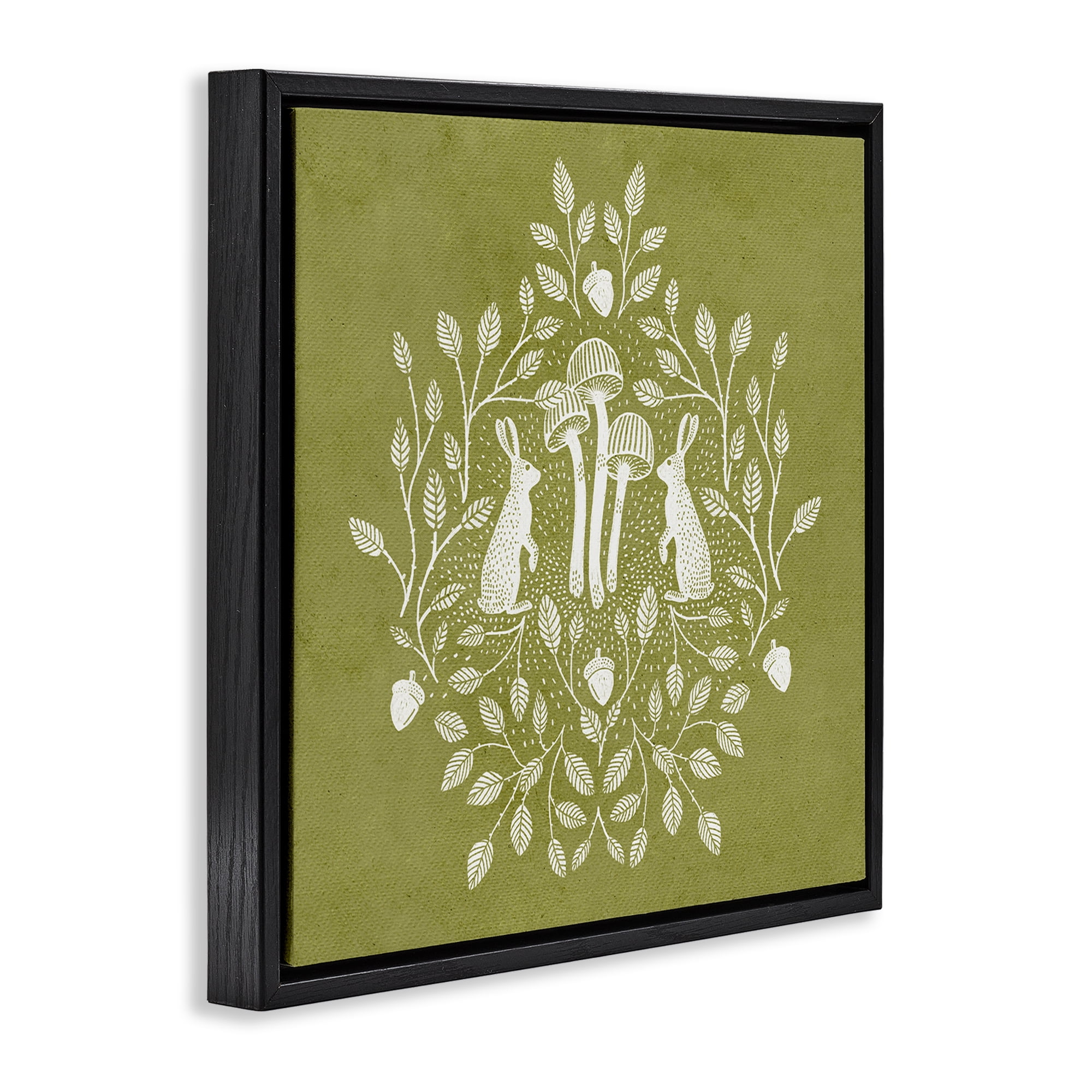 Stupell Industries Olive Green Botanical Rabbits Plants & Flowers Painting Black Floater Framed Canvas Art Print Wall Art, 25 x 25