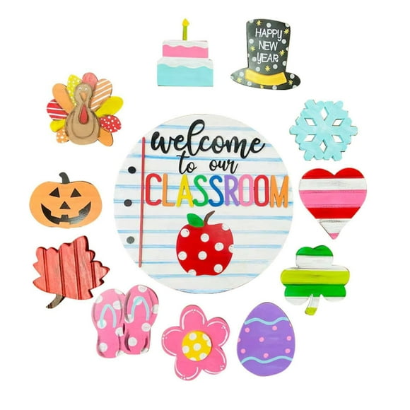 Back to school 2025 Interchangeable Welcome Classroom Door Sign Wooden Door Sign Hanging Sign Front Door With Seasonal Replaceable Ornaments For Halloween Thanksgiving Xmas All Year Round Holiday